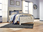 Whitewash queen metal bed frame with crossbuck rails, slatted headboard and footboard