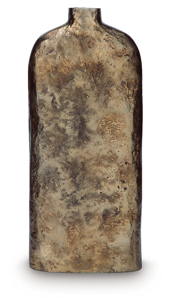 Wallmond vase in gold-brown with distressed texture and narrow neck, bottle shape.