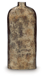 Wallmond vase in gold-brown with distressed texture and narrow neck, bottle shape.