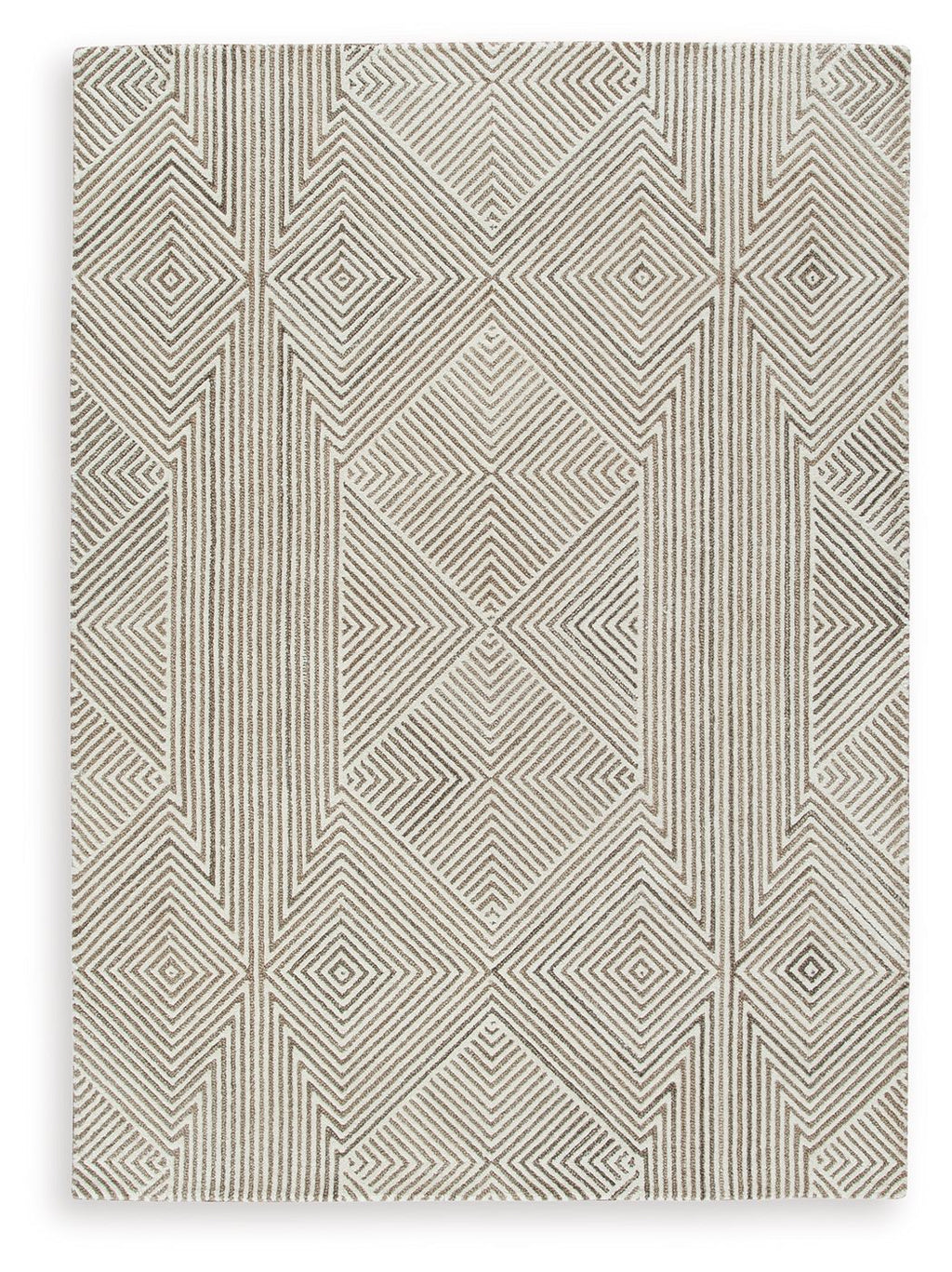 Beige geometric rug with centered diamond motif and zigzag rows