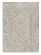 Beige geometric rug with centered diamond motif and zigzag rows