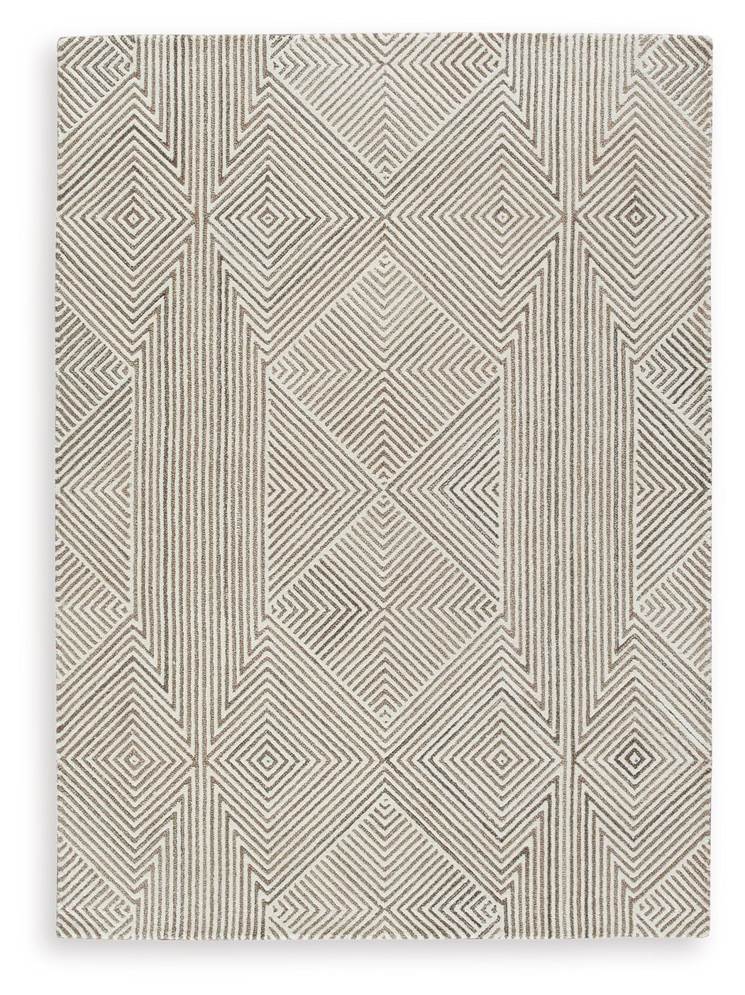 Beige geometric rug with centered diamond motif and zigzag rows