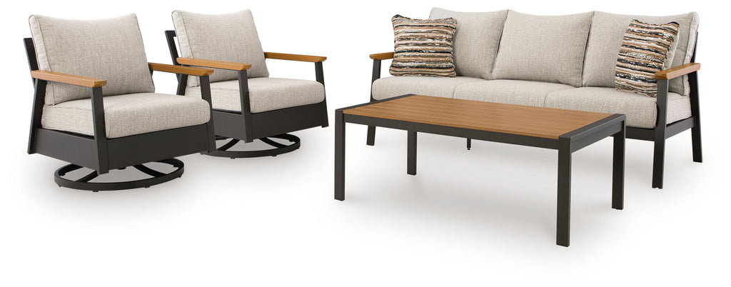Outdoor sofa and swivel chair set with light gray cushions and dark brown coffee table