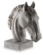 Horse head sculpture in antique dark black, mounted on rectangular base