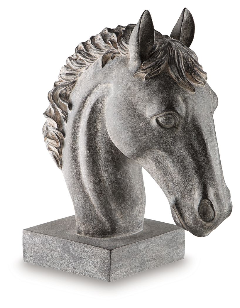Horse head sculpture in antique dark black, mounted on rectangular base