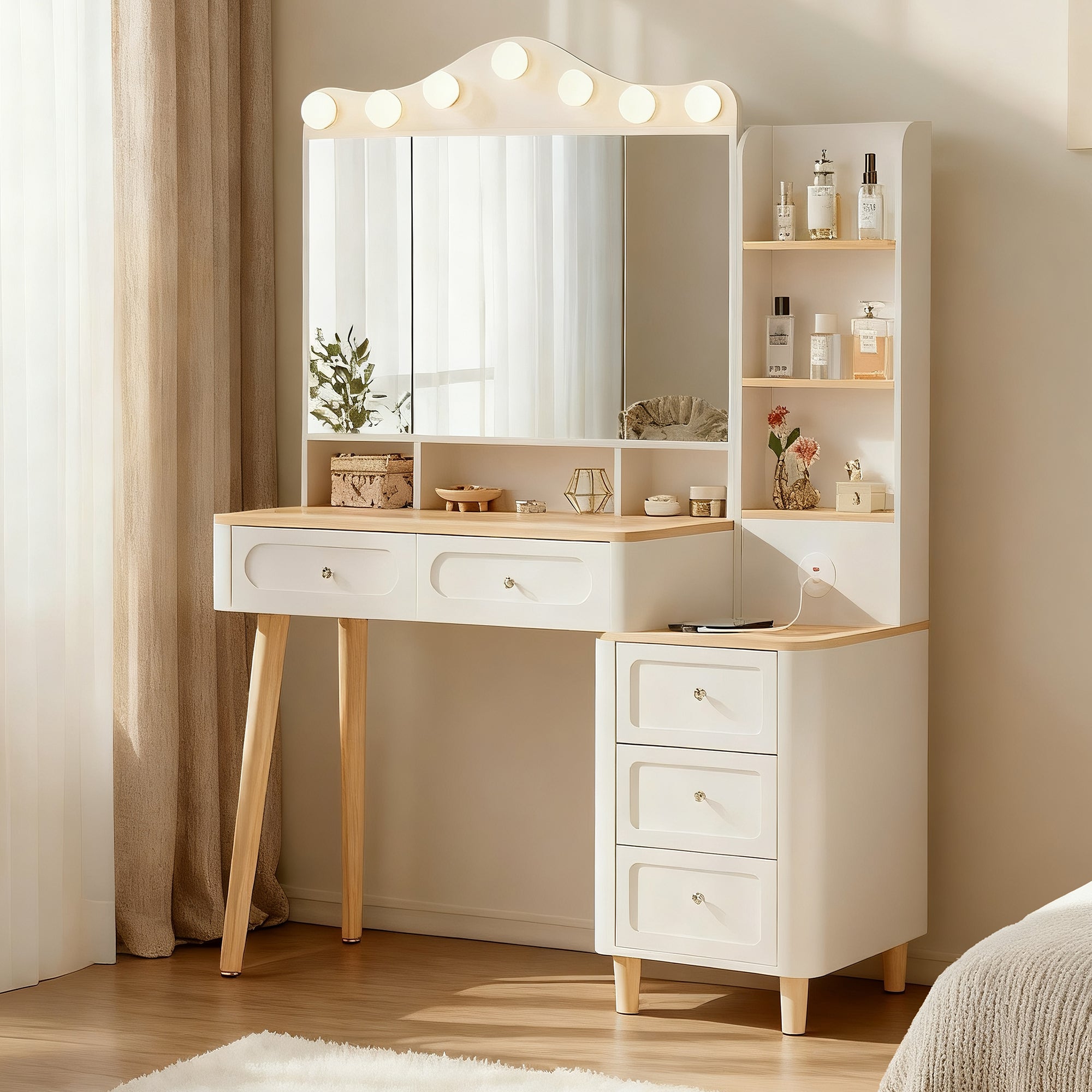 White Makeup Vanity Set w/ Lights, USB, Storage & Foldable Mirror
