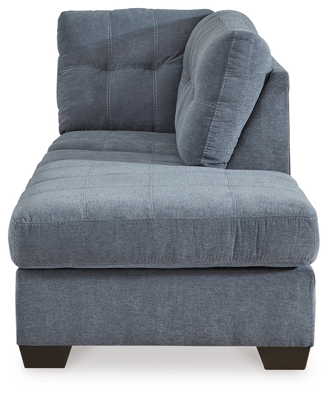 Blue denim chaise ottoman-style seat with tall backrest and tufted cushion top
