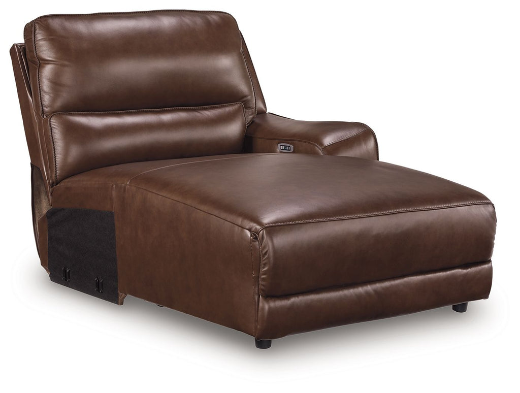 Press-back power chaise in dark brown leather, wide seat and padded arm console