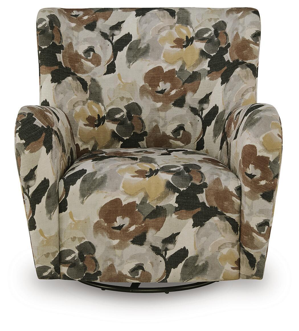 Front view of floral swivel glider accent chair with beige upholstery and dark brown blooms