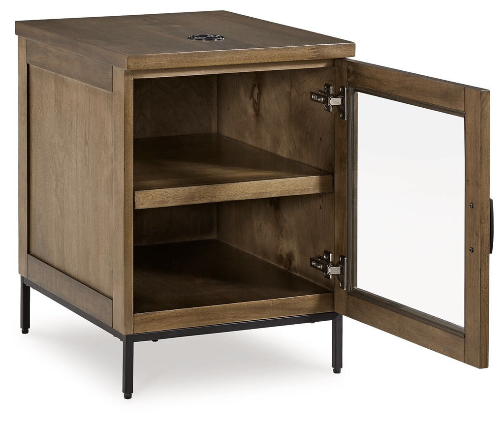Brown chair-side end table with open door, two shelves, and black legs