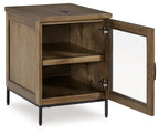 Brown chair-side end table with open door, two shelves, and black legs