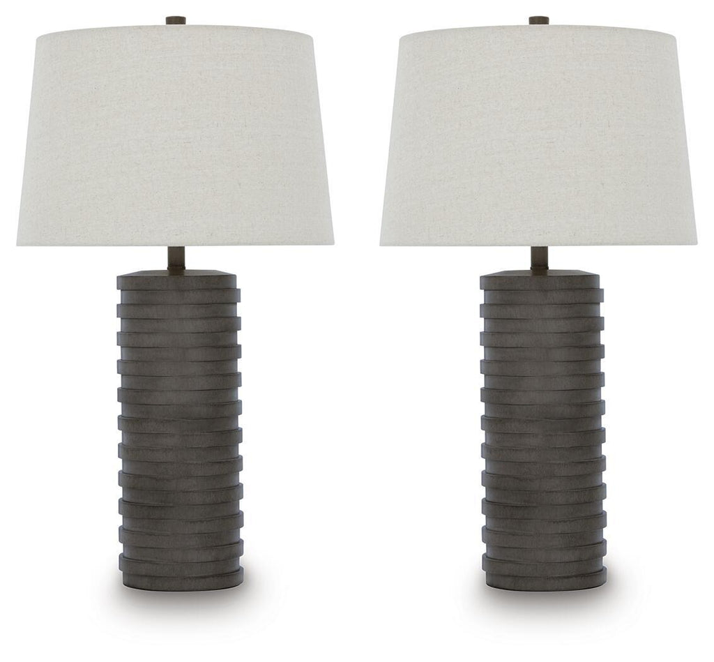 Pair of table lamps with off-white shades and dark ribbed poly bases
