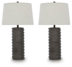 Pair of table lamps with off-white shades and dark ribbed poly bases