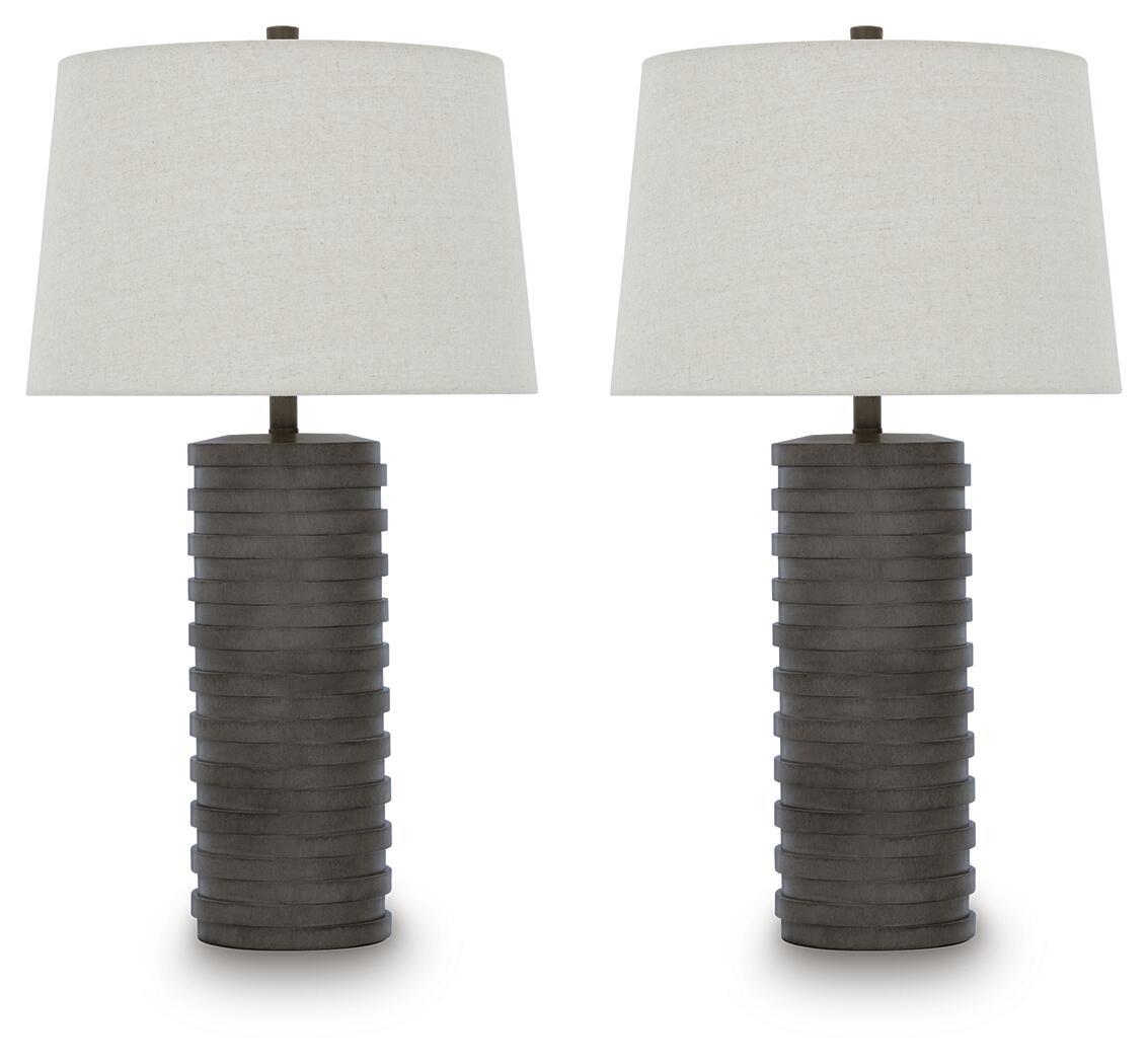 Pair of table lamps with off-white shades and dark ribbed poly bases