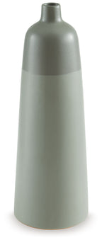 Sage green ceramic vase with flared neck and rounded body