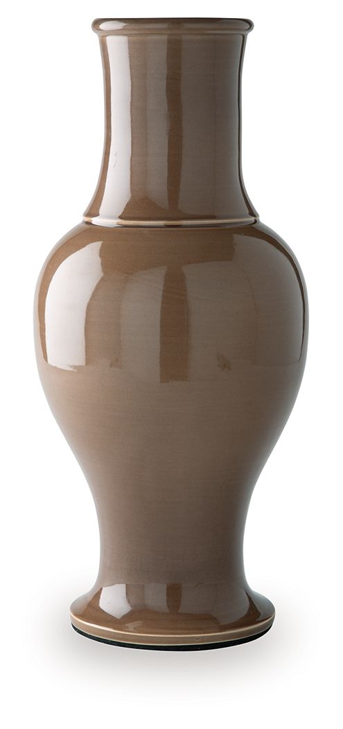 Brown ceramic vase with narrow neck and flared base, glossy finish