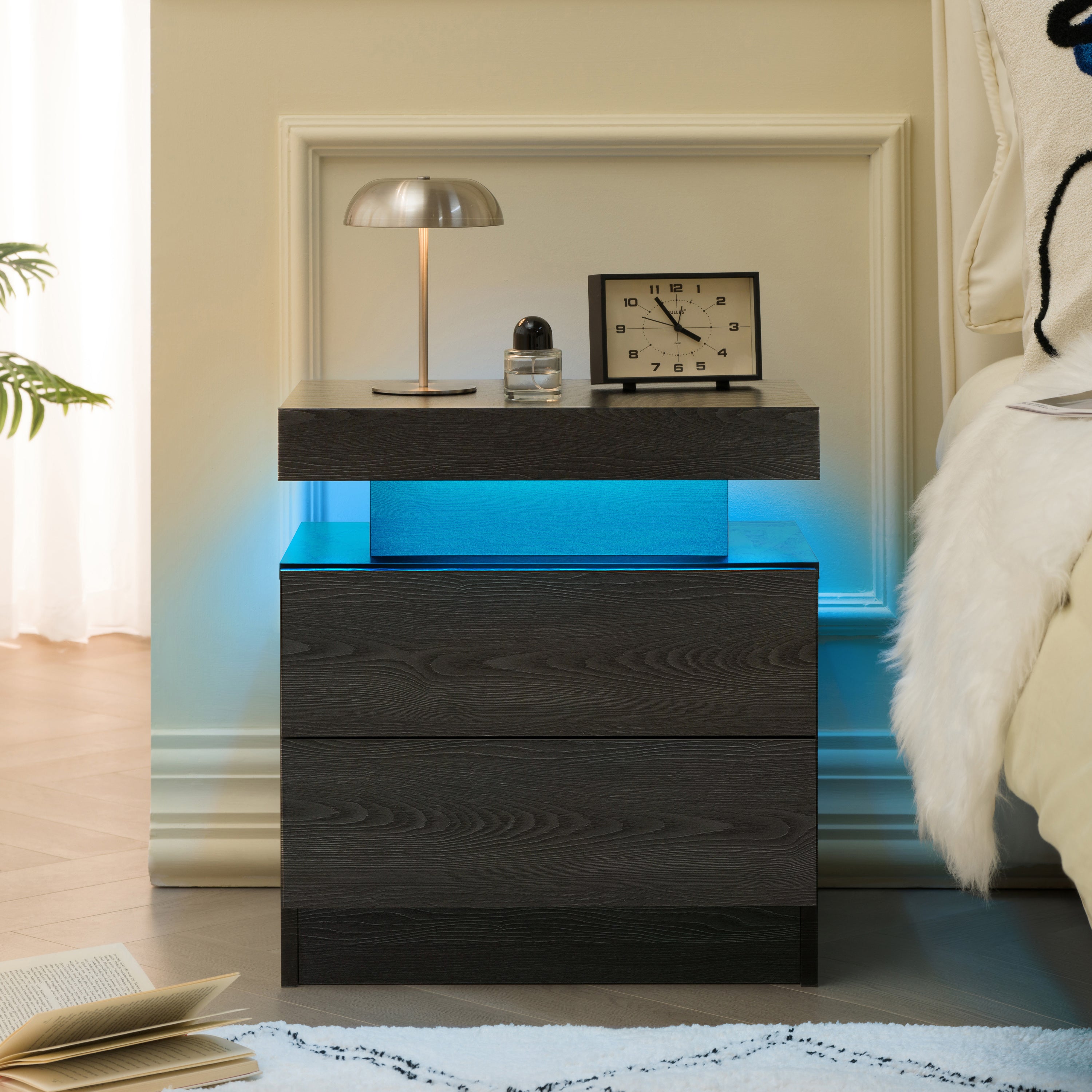 Modern Black LED Nightstand Bedside Table 2 Drawers Woodgrain Cabinet