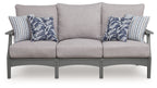 Gray outdoor sofa with three seat cushions and blue floral striped throw pillows