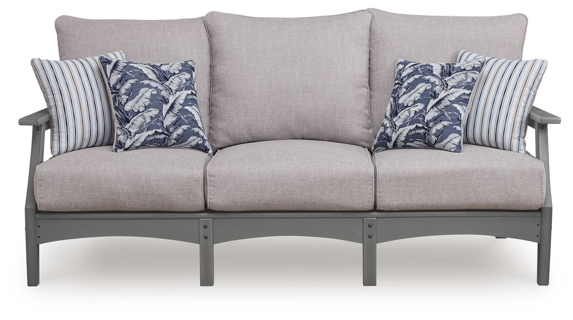 Gray outdoor sofa with three seat cushions and blue floral striped throw pillows