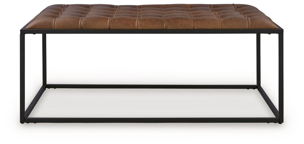 Brown leather-look tufted cocktail ottoman top with black metal base