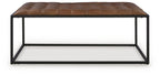 Brown leather-look tufted cocktail ottoman top with black metal base