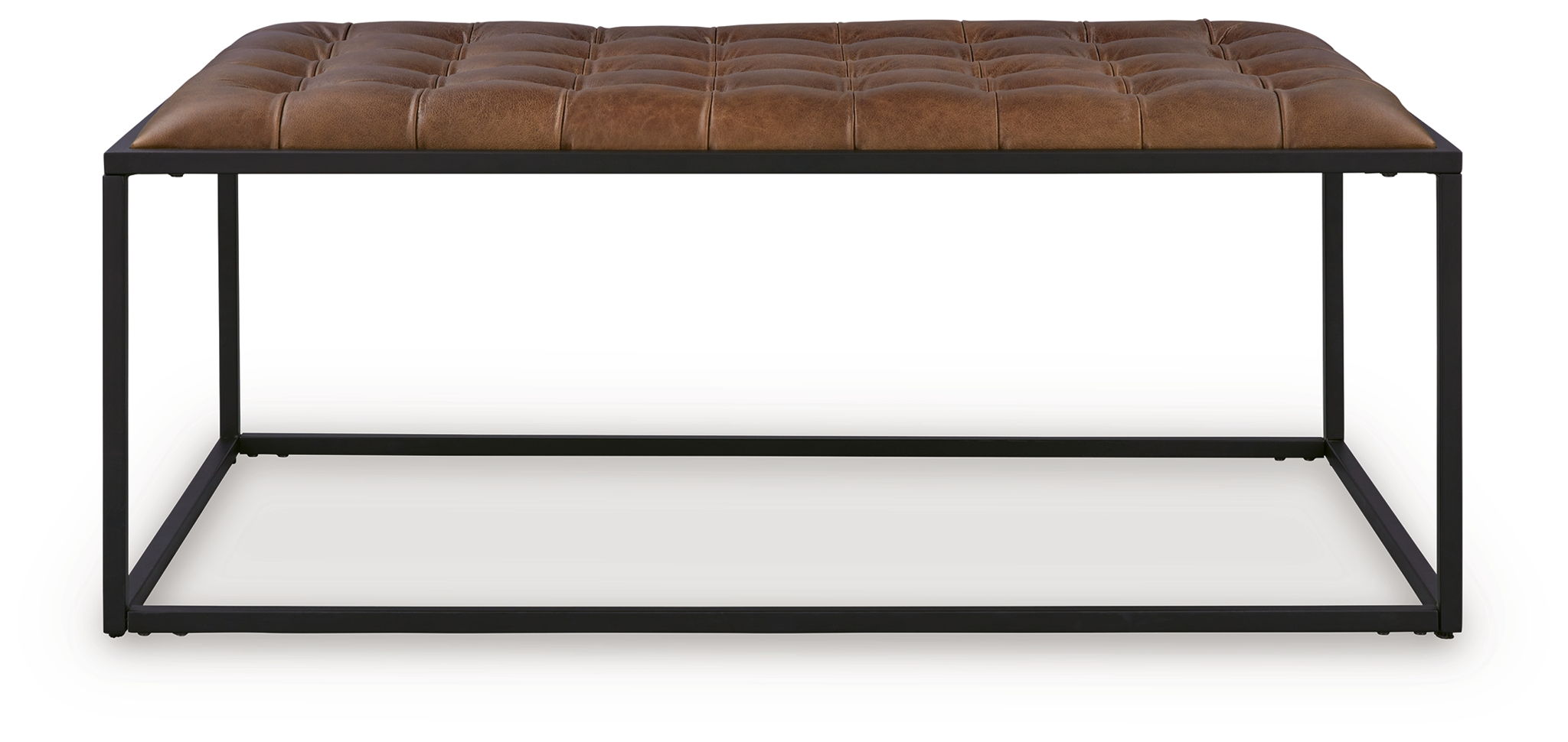 Brown leather-look tufted cocktail ottoman top with black metal base