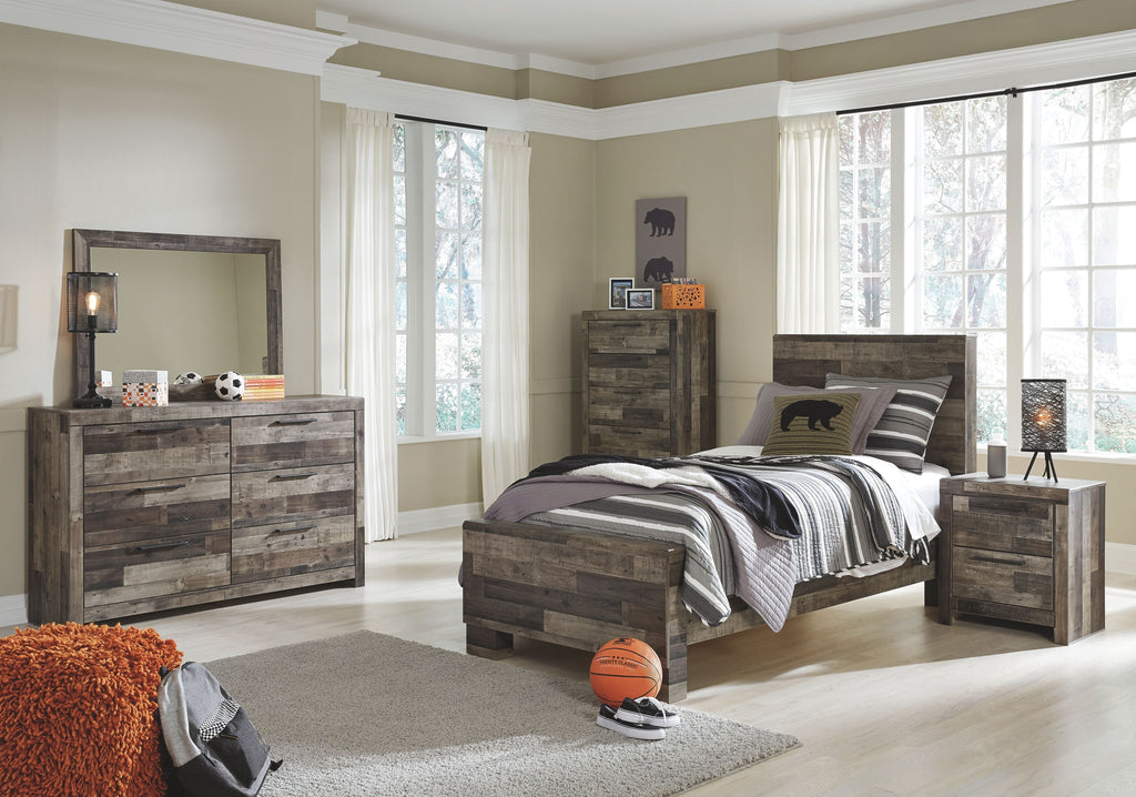 Youth panel bedroom set with dark wood bed, matching dresser, and side nightstand