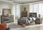 Youth panel bedroom set with dark wood bed, matching dresser, and side nightstand