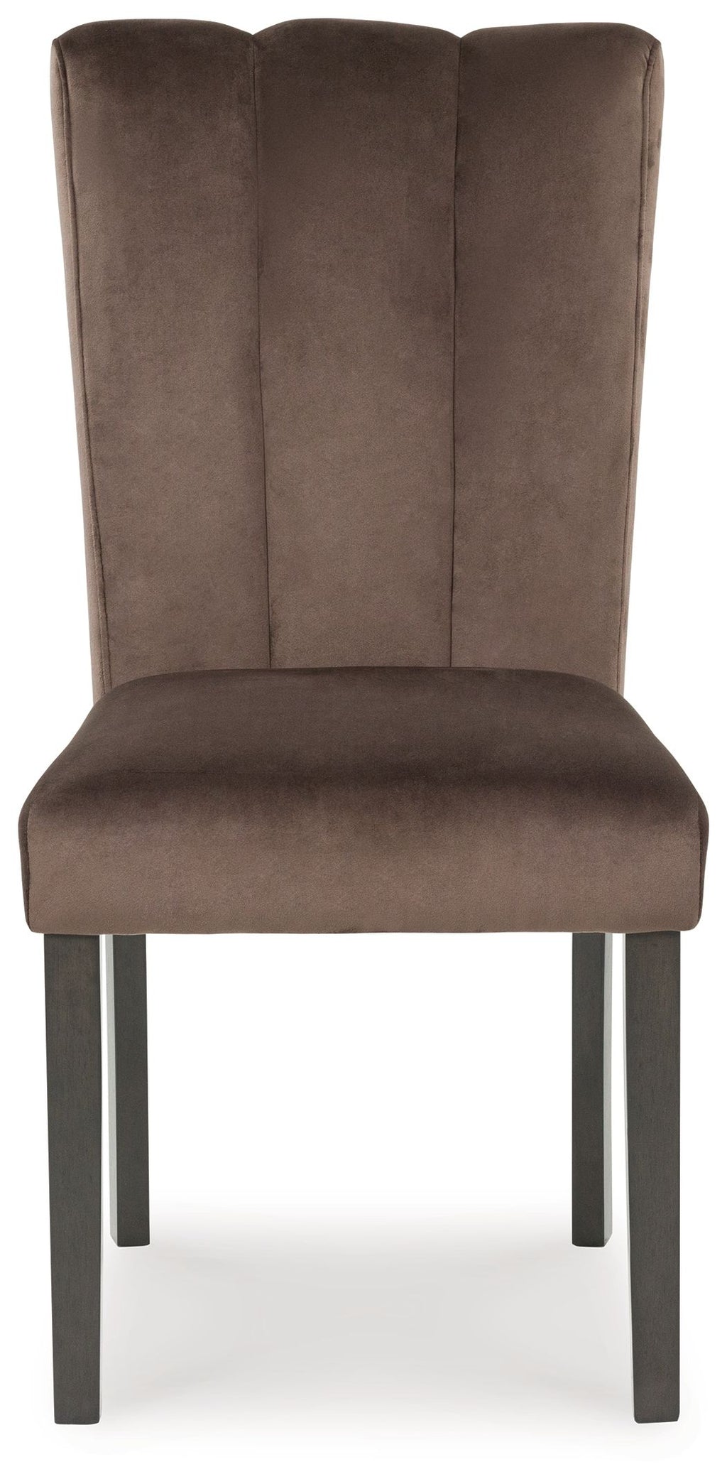 Mocha upholstered dining side chair with tall backrest, padded seat, dark legs