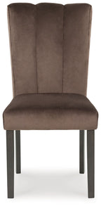 Mocha upholstered dining side chair with tall backrest, padded seat, dark legs