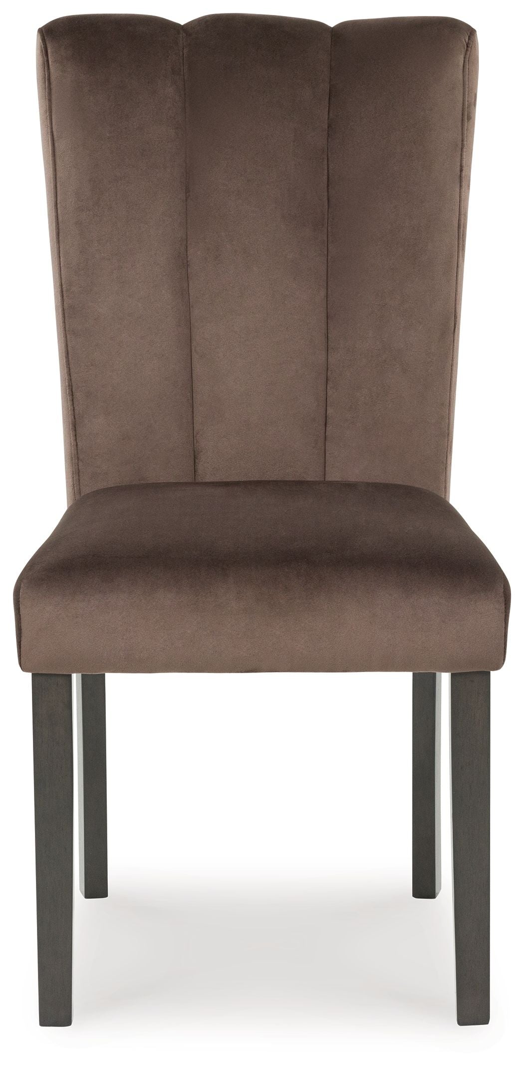 Mocha upholstered dining side chair with tall backrest, padded seat, dark legs