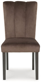 Dark brown upholstered dining chair with tall back and straight legs