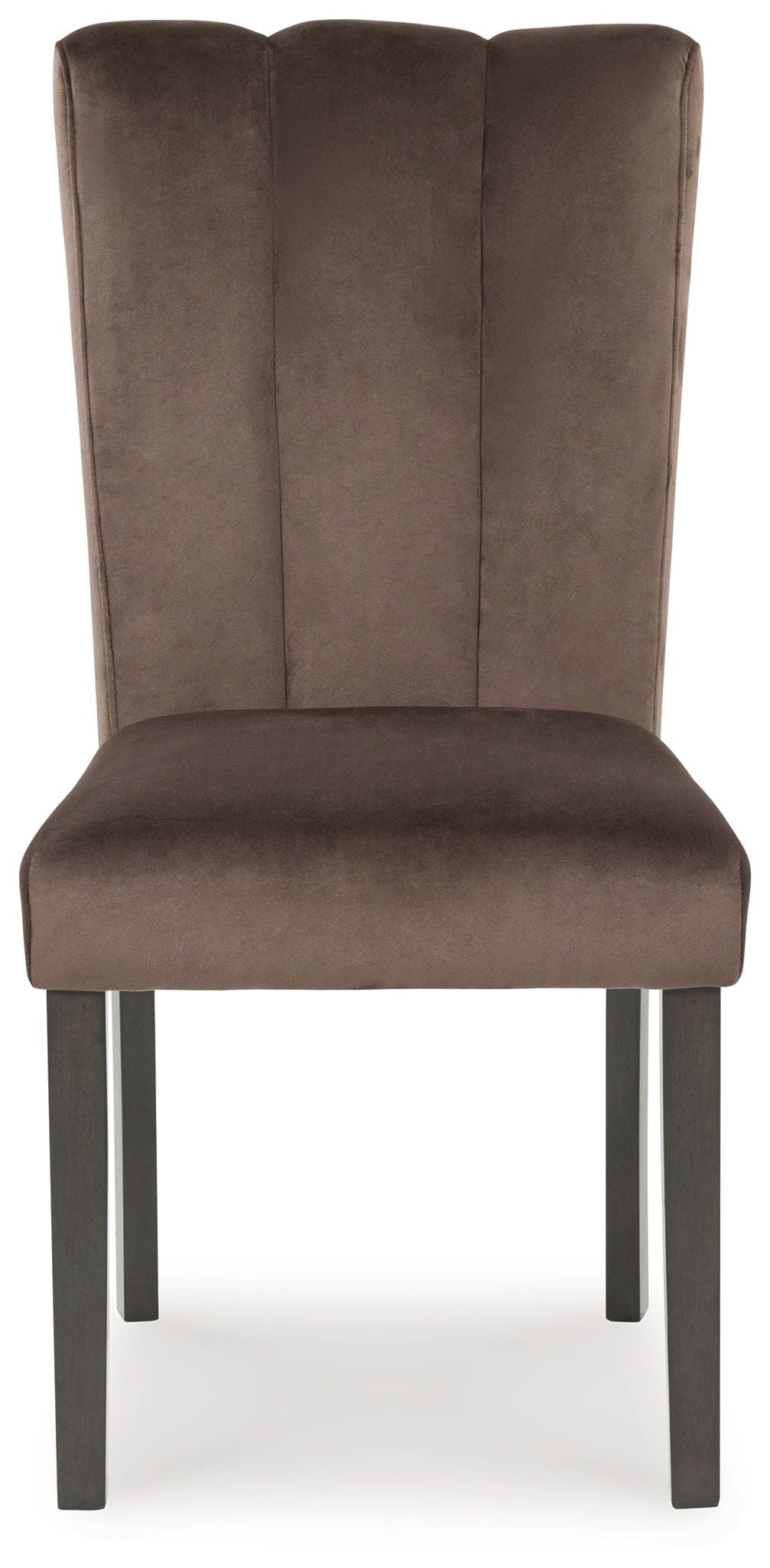 Dark brown upholstered dining chair with tall back and straight legs