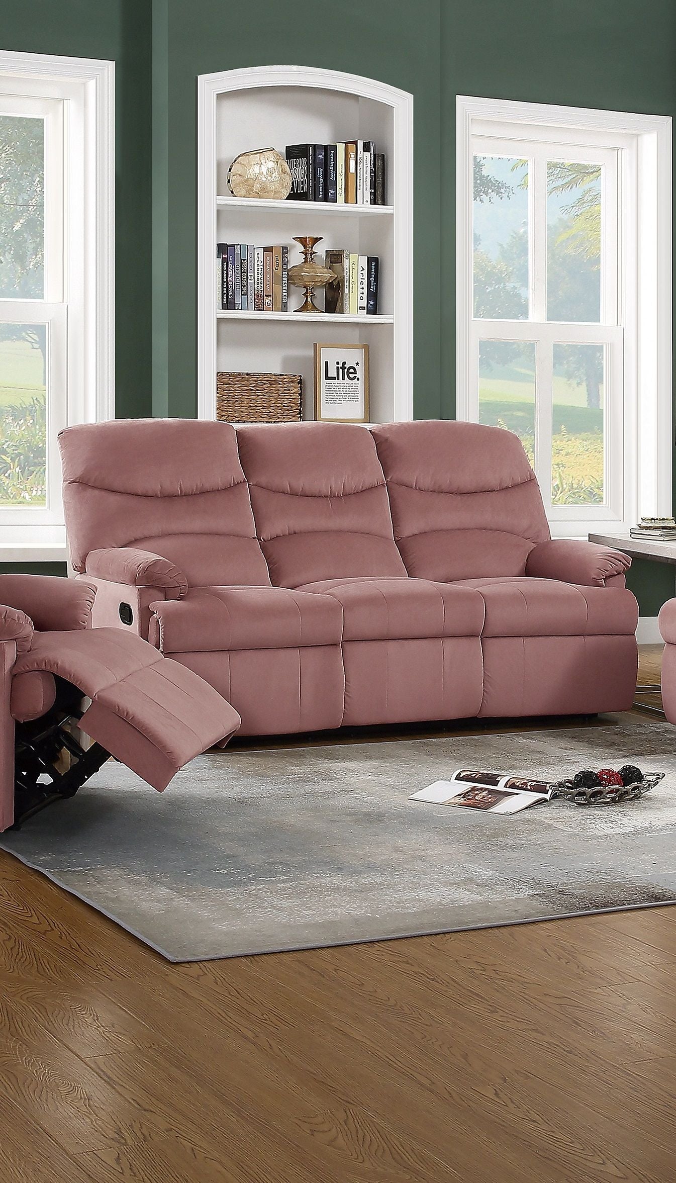 Luxurious Velvet Blush Pink Color 3 Seater Manual Recliner Sofa Couch Manual Motion Plush Armrest Living Room Furniture Sofa Couch