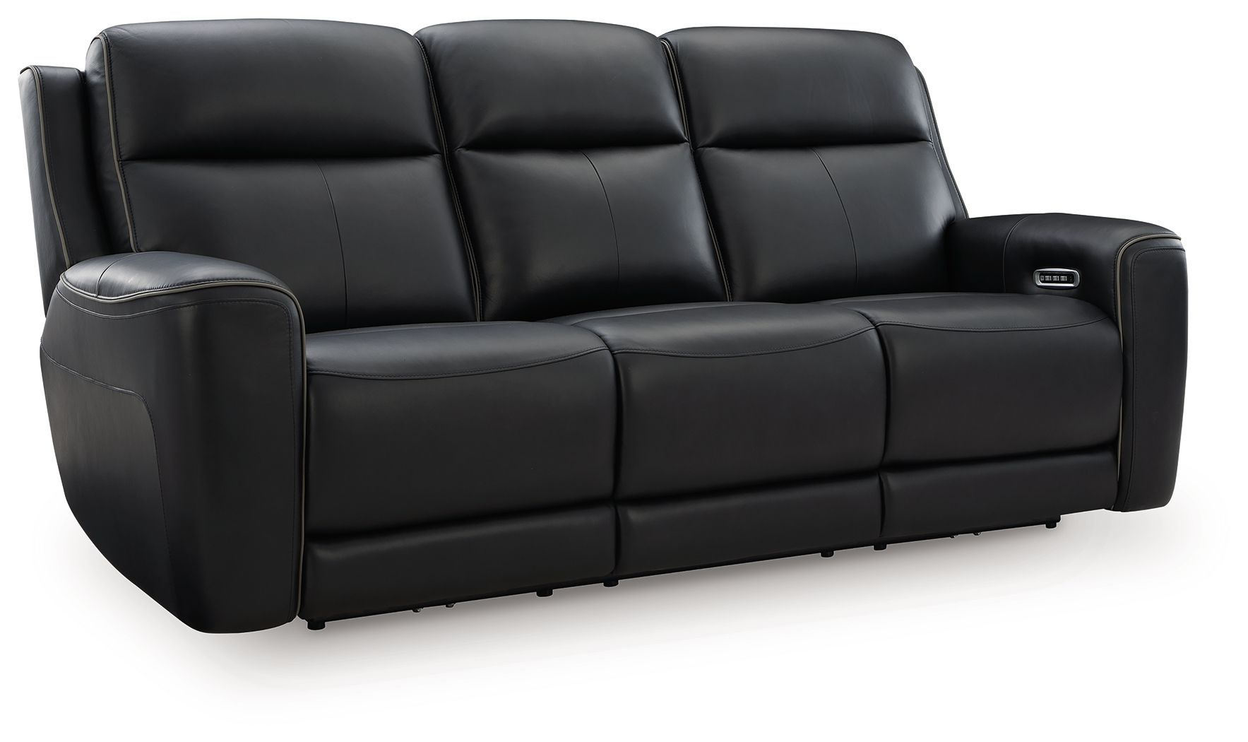 Power reclining sofa with adjustable headrests, black upholstery, padded armrests