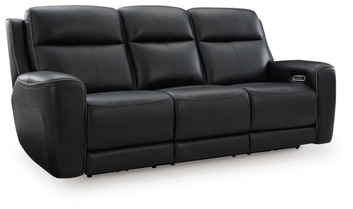 Power reclining sofa with adjustable headrests, black upholstery, padded armrests