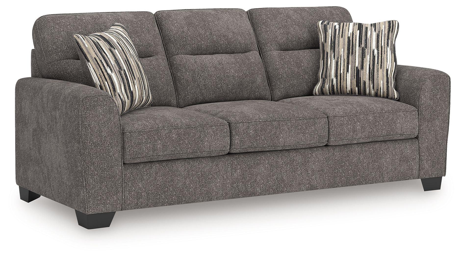Dark gray sofa with three seat cushions and two striped throw pillows