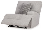 Pewter fabric power recliner with extended footrest and patterned back cushion