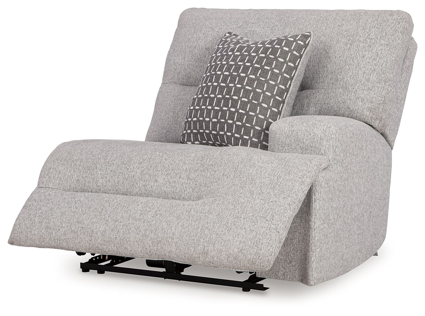 Pewter fabric power recliner with extended footrest and patterned back cushion