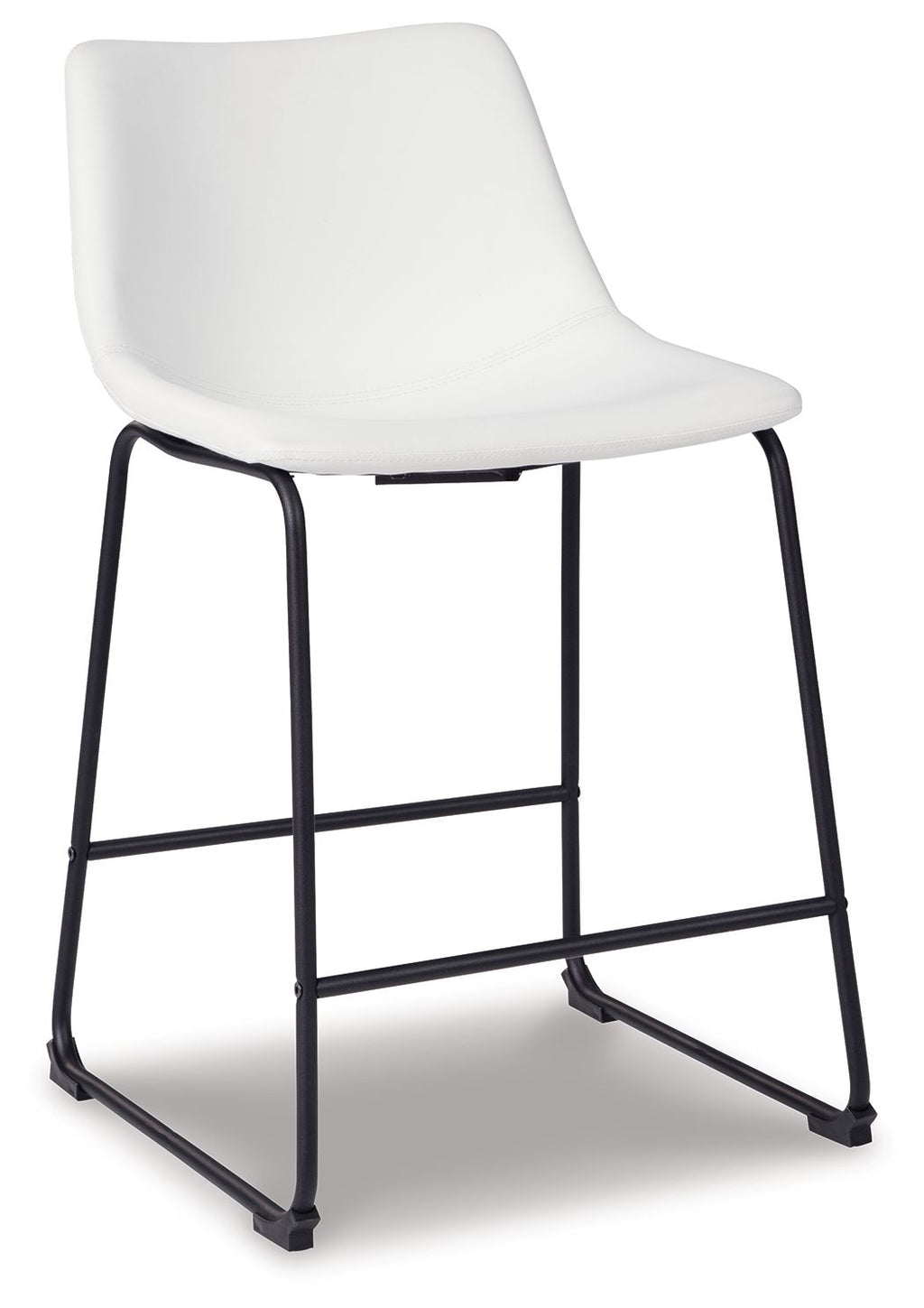 Upholstered bar stool with white seat, curved back, and black metal support frame