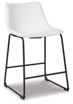 Upholstered bar stool with white seat, curved back, and black metal support frame