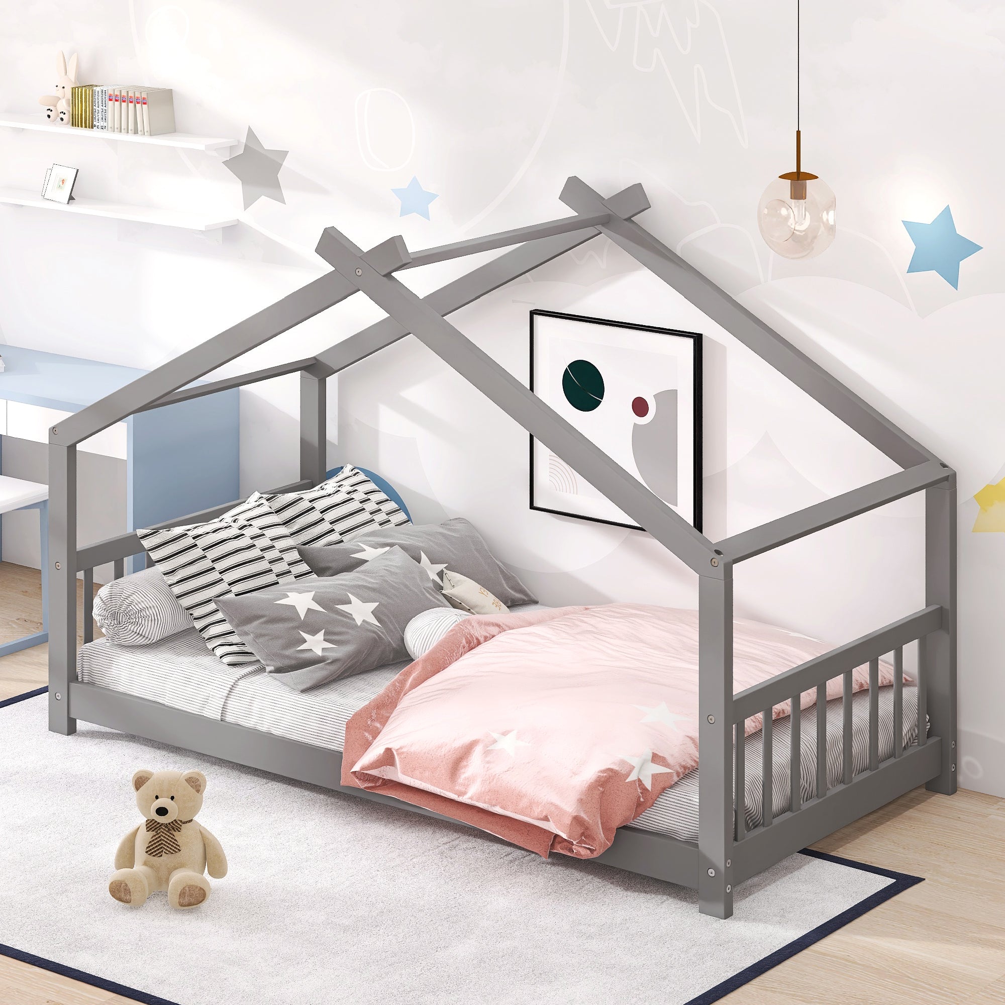 Twin Gray Wood House Bed Frame