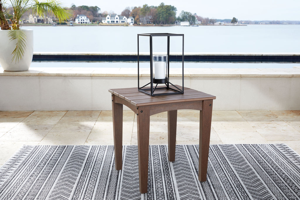 Brown square end table with slatted top and metal lantern on top