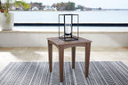 Brown square end table with slatted top and metal lantern on top