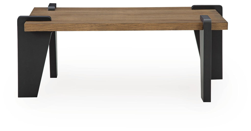 Rectangular wood table with black metal legs and corner brackets