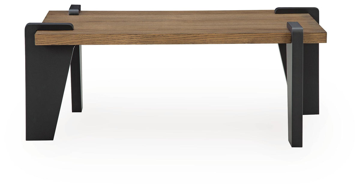 Rectangular wood table with black metal legs and corner brackets