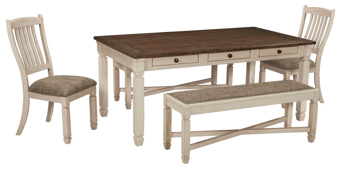 Rectangular dining table set with dark tabletop, beige chairs, and a cushioned bench