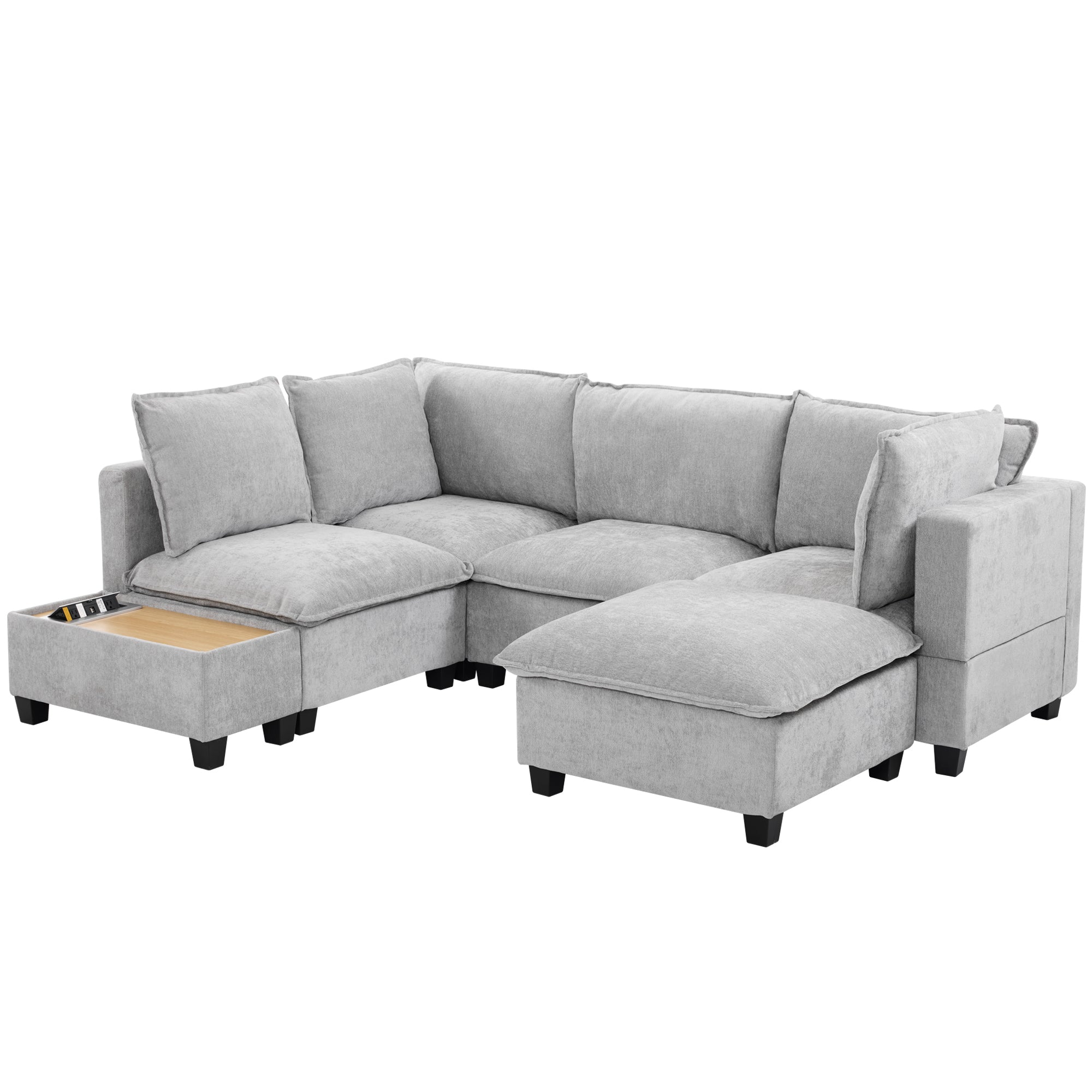 Modular U-Shaped Chenille Sectional Sofa w/ Charging Table