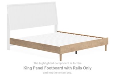Tan wooden king panel footboard with rails, flat top panel and side slats