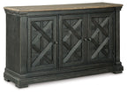 Dining room server cabinet with three X-pattern doors, dark gray/black finish, wood top.
